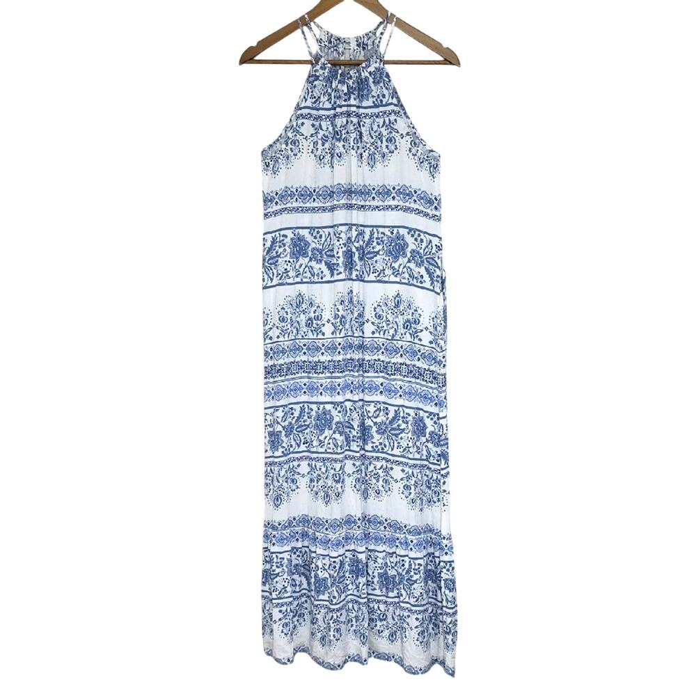 LOFT Womens Sz M Blue and White Dress Tiered Beachy BOHO Feminine Fairy Maxi